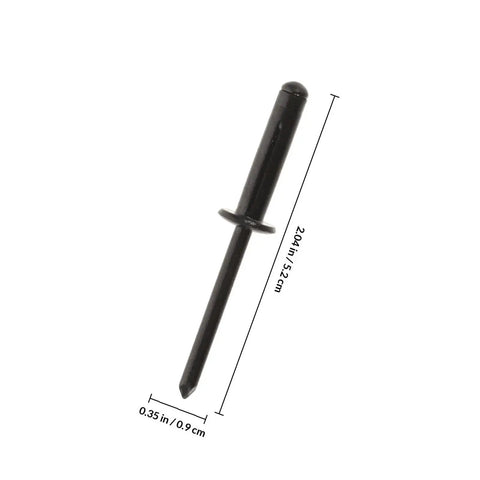 Close-up of a black blind rivet from the 20 Piece Aluminum Pop Rivets Kit With Heavy Duty Fasteners And Quick Install For Industrial Automotive Kayak Marine And Furniture Projects Black Blind Rivets showing dimensions