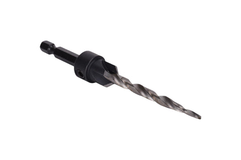 Killer 5 Piece Countersink Set For Screw Sizes 4 Through 12 Adjustable Four Cutter Drill Bit close-up of twist drill bit.
