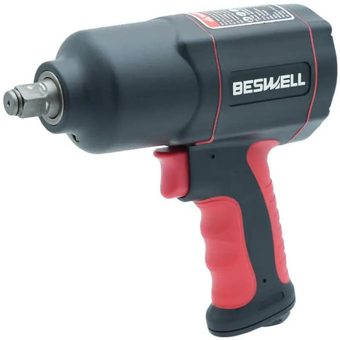 Half Inch Drive Air Impact Wrench With 20 Piece Socket Set, high torque pneumatic tool with red handle and black housing.