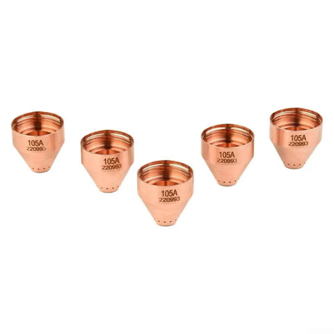 Heavy Duty 5-Pack Plasma Cutter Shield Caps, robust copper build for Hypertherm 65 and 85 models, effective for steel projects.