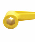 Close-up of the hexagonal socket of the Beefy Propeller Wrench One And One Sixteenth Inch Nut Wrench Twenty Seven Millimeter, yellow handle.