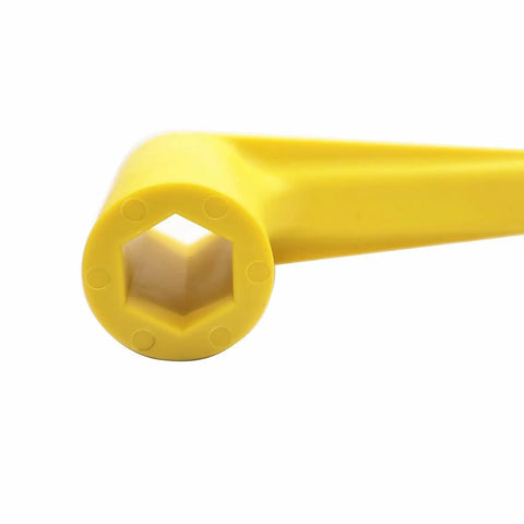 Close-up of the hexagonal socket of the Beefy Propeller Wrench One And One Sixteenth Inch Nut Wrench Twenty Seven Millimeter, yellow handle.