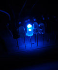 Blue 5mm LEDs close-up with through-hole leads; several lit diodes in a row