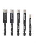 Five-piece diamond dry core drill bit set with black shanks and diamond-coated tips for ceramic, tile, glass, marble