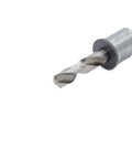 Side view: Oscarbide 3/8 in annular cutter with 3/4 in Weldon shank; 3/8 in diameter, 1-3/8 in depth, magnetic drill press