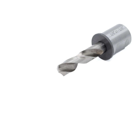 Side view: Oscarbide 3/8 in annular cutter with 3/4 in Weldon shank; 3/8 in diameter, 1-3/8 in depth, magnetic drill press