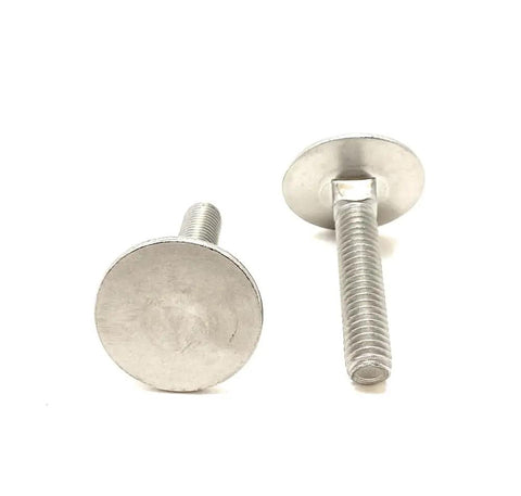 Five Pack 3/8-16 X 2 Inch 18-8 Stainless Steel Elevator Bolts Square Neck huge head visible in close-up.