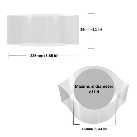 Pro Grade Clear Perforated Shrink Bands For Large Bulk Containers 225mm by 28mm shown with dimensions for industrial use and tamper evidence.