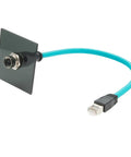 M12 X Code To RJ45 Bulkhead Panel Mount Ethernet Cable CAT6A Beefy Shielded High Flex For Industrial Vision And GigE Vision Cameras, Machine Vision, PoE Sensors, PLCs And Robotics, IP67 Protected, 0.3m Length, turquoise cable with bulkhead connector and RJ45 plug
