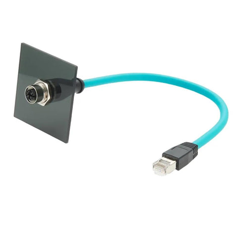 M12 X Code To RJ45 Bulkhead Panel Mount Ethernet Cable CAT6A Beefy Shielded High Flex For Industrial Vision And GigE Vision Cameras, Machine Vision, PoE Sensors, PLCs And Robotics, IP67 Protected, 0.3m Length, turquoise cable with bulkhead connector and RJ45 plug