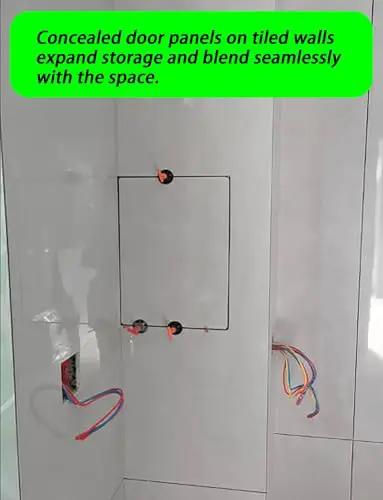 Heavy Duty Hidden Access Panel With Concealed Door Hinge Kit For Tile And Stone Bathroom Marble Invisible Door Metal Hardware Hella Tough No Fuss Setup Smooth Glide on tiled wall.