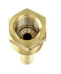 Brass thermowell with internal threads and hex nut, front view.