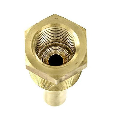 Brass thermowell with internal threads and hex nut, front view.