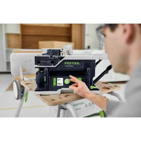 Cordless Table Saw With Battery Powered Circular Blade For Drop Dead Accurate Miter And Parallel Cuts Compact Portable Benchtop Tool with digital controls.