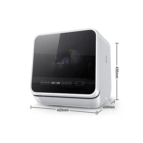 Compact Countertop Dishwasher Packs Six Place Settings And Five Wash Cycles To Get Dishes Done Quick Featuring sleek black and white design with LED interface.