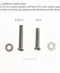 Two different screw lengths for Daisy Design Vintage Resin Drawer Pulls And Cabinet Knobs Hand Painted White, shown with washers.