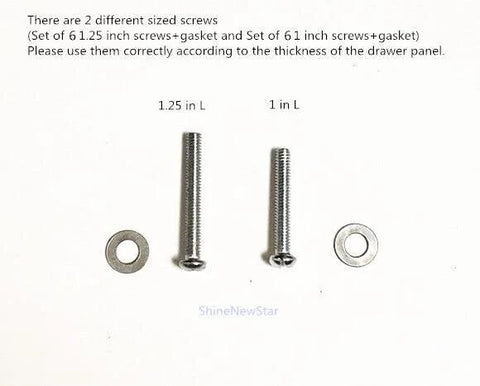 Two different screw lengths for Daisy Design Vintage Resin Drawer Pulls And Cabinet Knobs Hand Painted White, shown with washers.