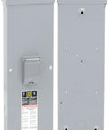 Front and back view of Qom2 225 Amp 2 Pole N3R Enclosure Circuit Breaker Panel QOM22225NRB Rugged Industrial Electrical Cabinet