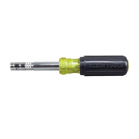 8 In 1 Magnetic Screwdriver And Nut Driver With Sliding Head for HVAC, yellow and black handle, side view, isolated background.