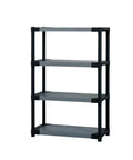 Built Tough 42 Inch Plastic Resin Four Tier Shelving Rack Featuring Easy Clean Solid Panels And A Rock Solid Seven Hundred Pound Weight Capacity for storage.