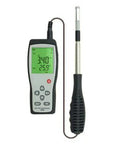 Digital air velocity meter with detachable probe displayed, measuring speed and temperature with clear LCD screen.