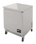 Slick Single Door Undercounter Reach In Freezer, 27 Inch 6.4 Cubic Feet Stainless Steel Counter Depth Unit on wheels.