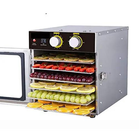 No Stress Six Tray Stainless Steel Food Dehydrator Machine For Fruits Vegetables Beef Jerky Snacks And Herbs With Horizontal Airflow Setup, loaded with colorful dried fruits.