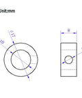 Technical drawing of 10mm Shaft Collar Lock Ring Set for 3D Printer Parts with M5 Screws, dimensions 10mm ID, 17mm OD, 8mm width.
