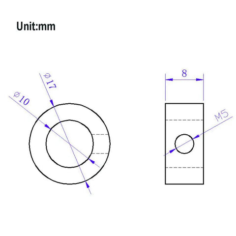 Technical drawing of 10mm Shaft Collar Lock Ring Set for 3D Printer Parts with M5 Screws, dimensions 10mm ID, 17mm OD, 8mm width.