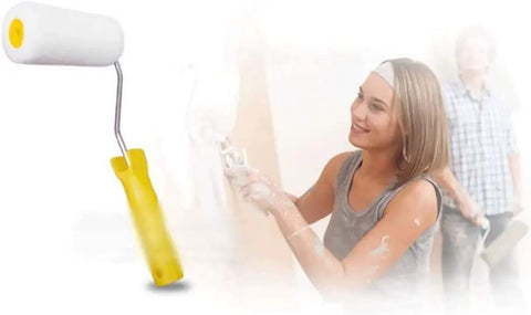 4 Inch Paint Roller Frame With Extended Handle And Ergonomic Thumb Control Featuring Thick Polyester Plush For Flawless Wall And Ceiling Finish Built Solid To Handle Painting Jobs Like A Pro in use with a woman painting indoors.