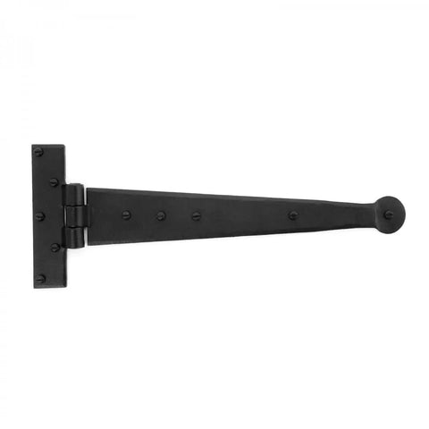 12 Inch Black Iron T Strap Hinge For Indoor Outdoor Use, Rust Resistant Powder Coated Bean Tee Hinge With Screws, Decorative Door Gate Hinge, Heavy Duty Cabinet Or Gate Hardware, Built To Last shown flat view