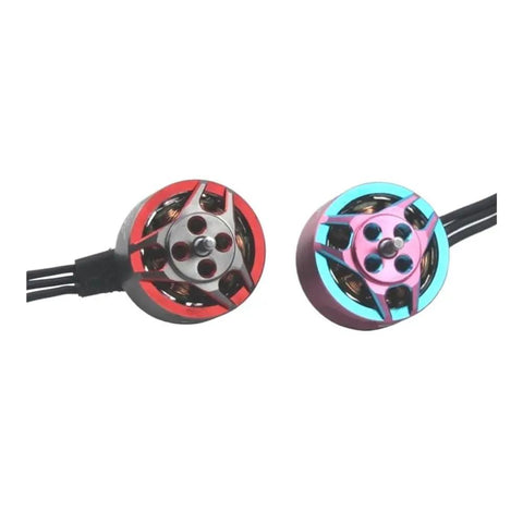 Close-up of Pink 1207 Brushless RC Drone Motors 5000KV For 3 To 4S And 7500KV For 2 To 3S 4 Pack, showing two colorful motor designs.