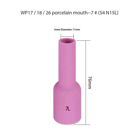 Get Ready With This Awesome 10-Piece Ceramic Cup Kit For Gas Lens TIG Welding Torch Setup, Featuring Premium Alumina Cups In Various Sizes Perfectly Suited For WP-17-26 Machines Like The 45V Series And Delivering That Clean Precision You Crave - Pink porcelain mouthpiece, 76mm height, 11mm inner diameter.