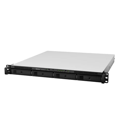 Rackstation Rs1619xs Plus Nas Server With Intel Xeon D1527 Quad Core Sixty Four Gb Ecc Ram Thirty Two Tb Ssd Storage And Two Tb M2 Nvme Cache Crushes Heavy Data Workloads Like A Boss, front view of rack-mounted server.