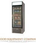 Heavy Duty 27 Inch Wide Glass Door Reach In Freezer Merchandiser with LED lighting, displaying shelves of frozen products.
