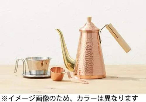 Copper Coffee Dripper TSUBAME WDC-185 For Two To Four Folks with wave filter, handcrafted and polished, alongside a copper kettle