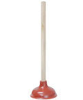 Heavy Duty Wooden Handle Plunger Duo For Toilets And Sinks Tough Rubber Bell Smashes Nasty Clogs Fast with long wooden handle.