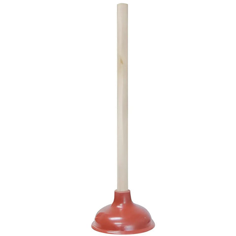 Heavy Duty Wooden Handle Plunger Duo For Toilets And Sinks Tough Rubber Bell Smashes Nasty Clogs Fast with long wooden handle.