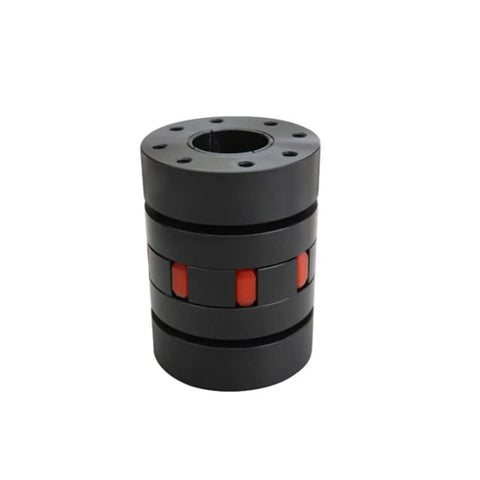 XL Star Type Jaw Coupling With Shock Absorbing Rubber Spider Center Built Like A Tank For Heavy Duty Motor Drives, black with red rubber.