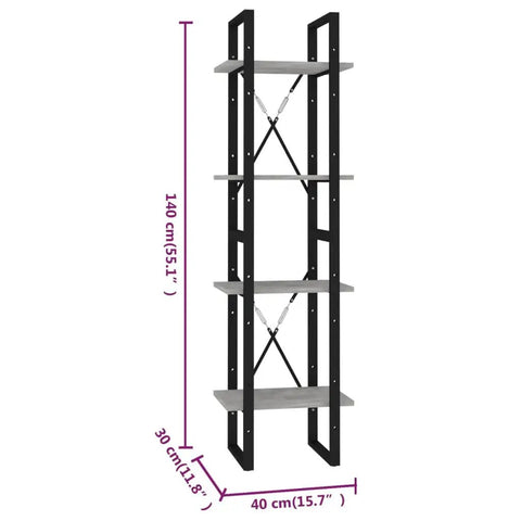 Industrial 4 Tier Book Cabinet 55.1 Inch Tall Open Shelves Display Rack in Concrete Gray and Black Engineered Wood