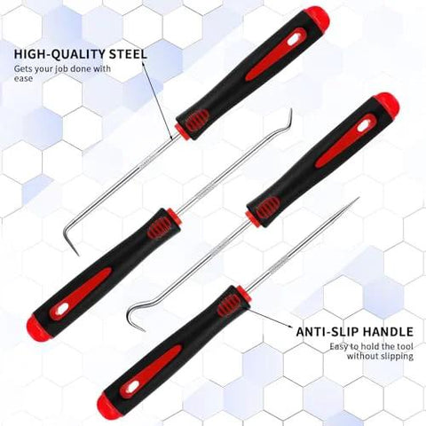 4 Piece Pick And Hook Tool Set For Auto Repair Must Have With 6.5 Inch Length, ergonomic non-slip grips, 135 degree curved hook