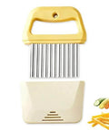 Front view of yellow potato slicer with stainless steel crinkle waffle blade and blade cover