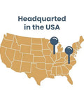 Map of USA with text 'Headquartered in the USA' and two location markers