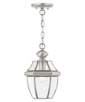 Monterey 1-Light Outdoor Hanging Lantern in Brushed Nickel, Chain-Hung Exterior Porch Light with clear glass panels
