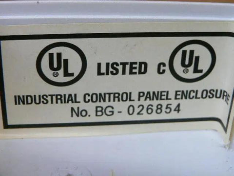 Label on Industrial Control Panel Enclosure, Used But Fully Functional, Rugged Metal Cabinet For Industrial Automation And Electrical Wiring