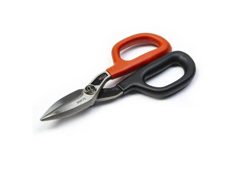 Seven Inch Straight Pattern Tin Snips Featuring Hella Sharp Hand Edged Blades For Slick Sheet Metal Cutting and Real Smooth Action.