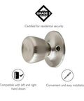 Tulip Style Dummy Doorknob Set, Satin Nickel Finish, 2 Pack, flush mount, shown with certification and compatibility icons
