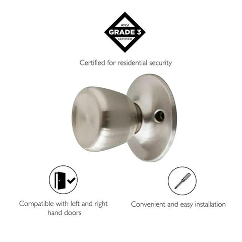 Tulip Style Dummy Doorknob Set, Satin Nickel Finish, 2 Pack, flush mount, shown with certification and compatibility icons