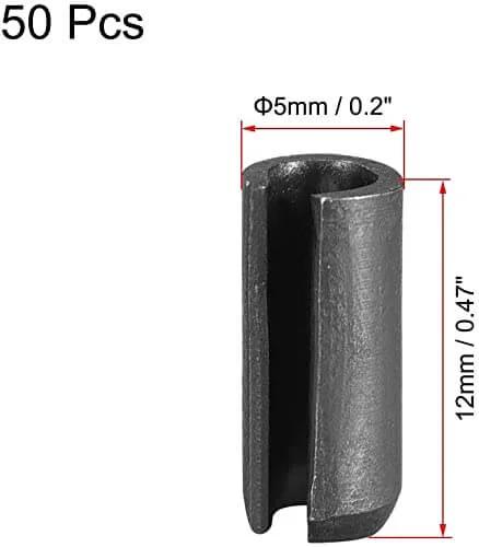 Close-up of a single pin from 5Mm By 12Mm Slotted Spring Pins Kit With 50 Pcs Smooth Finish Tension Pins For DIY Projects And Small Machinery Assortment Set For Quick Secure Fits And Precise Positioning, showing dimensions.