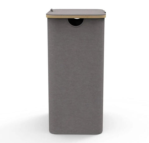 Front view of Breathable Fabric Laundry Hamper With Lid, Bamboo Frame, Side Handles, 26 Gallon Gray Go-To Laundry Basket.